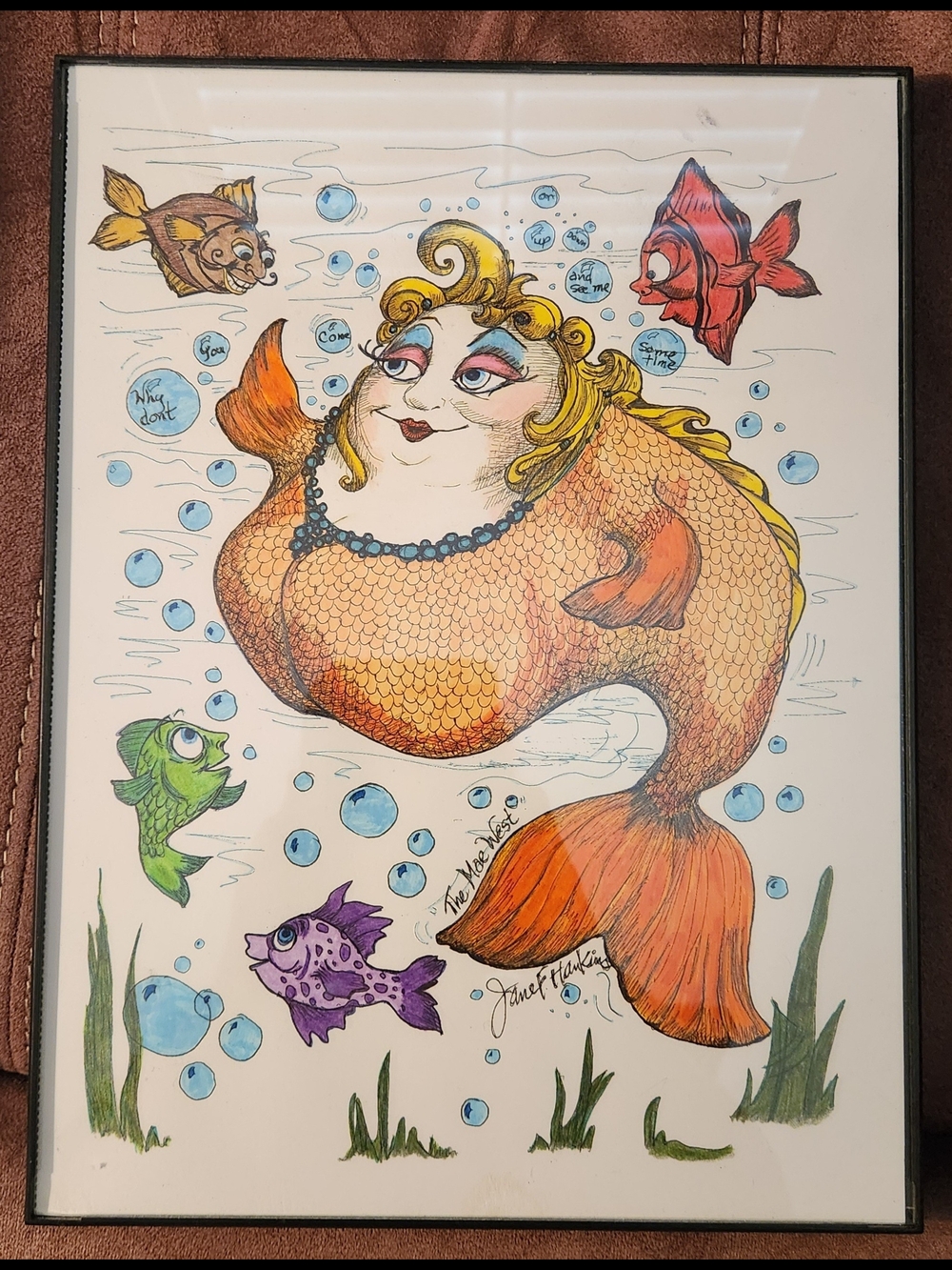 Framed Jane F. Hankins "Mae West" Whimsical Mermaid Art 9 x 12